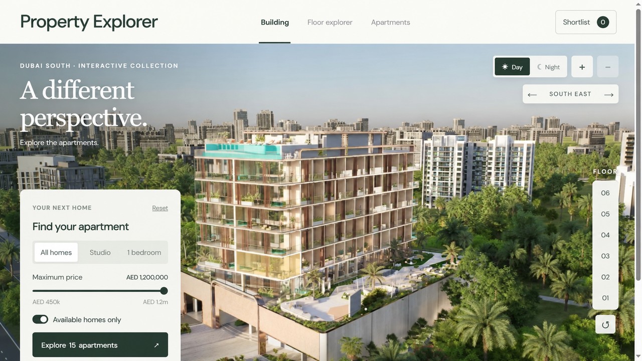 Property Explorer interface concept with a building view and apartment filters